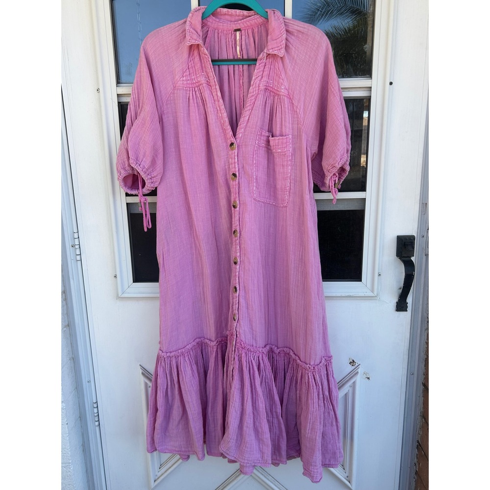 Free People Pink Gauze Dress Short Sleeve Tiered Hem Small Oversized Boho - Picture 3 of 8